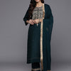 Indyancart VA Women'sGreen Ethnic Motifs Embroidered Straight Kurta With Trousers & Dupatta