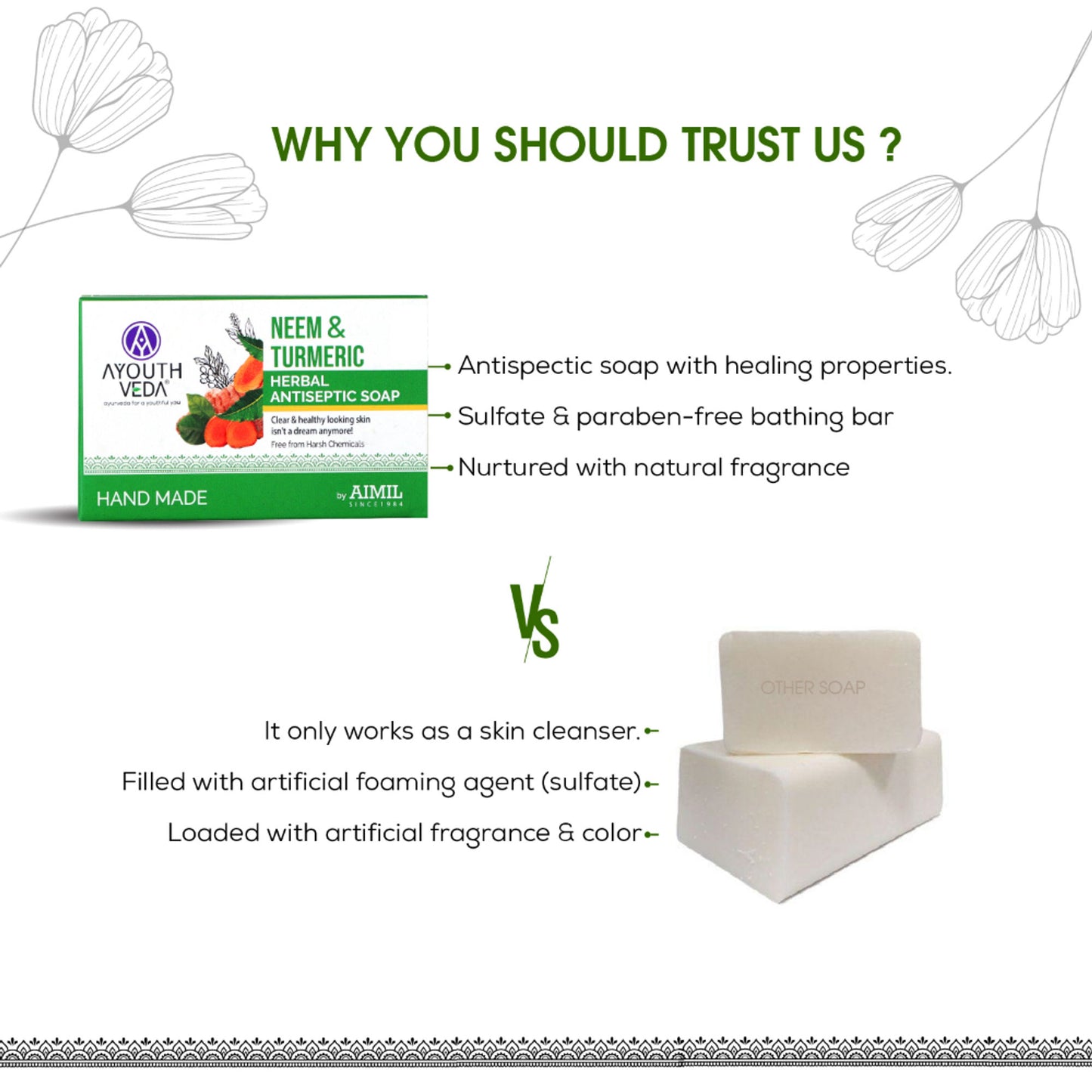 Ayouthveda Neem & Turmeric Herbal Antiseptic Soap to Deep Clean & Reduce Acne for Clear Skin