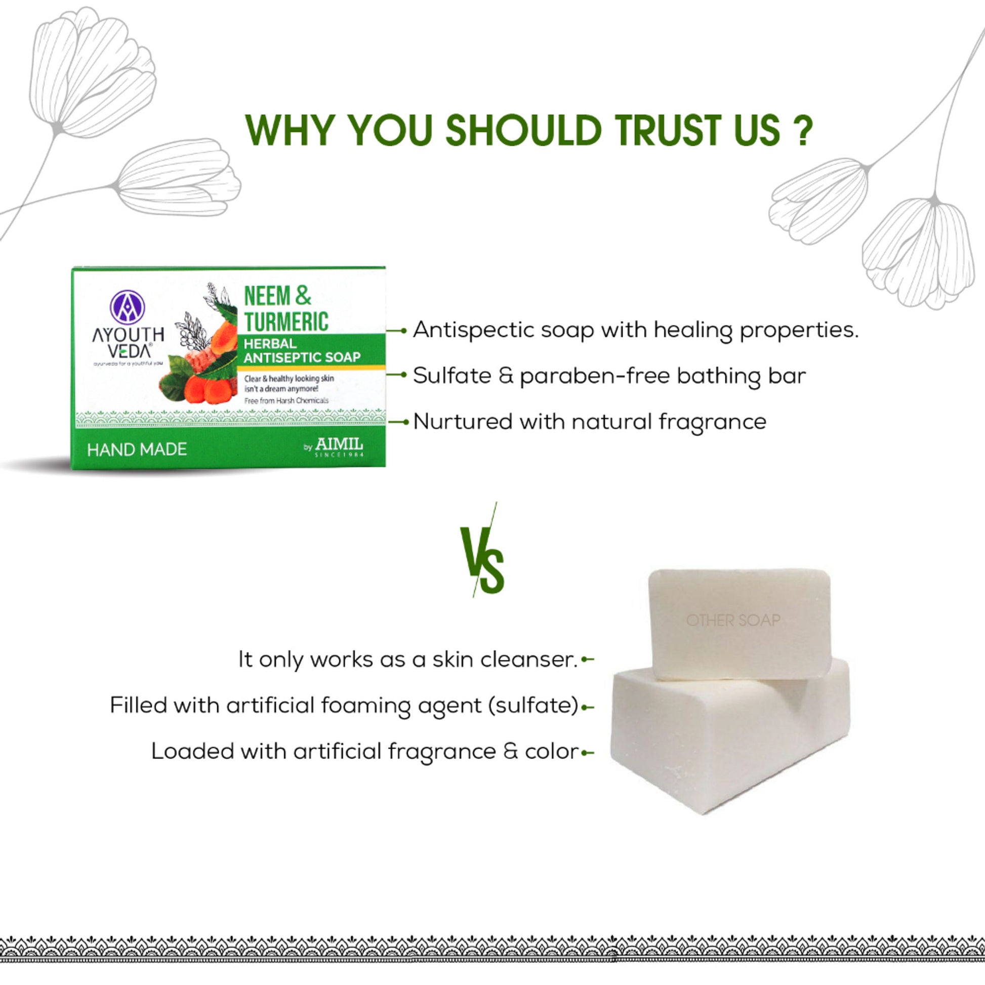 Ayouthveda Neem & Turmeric Herbal Antiseptic Soap to Deep Clean & Reduce Acne for Clear Skin