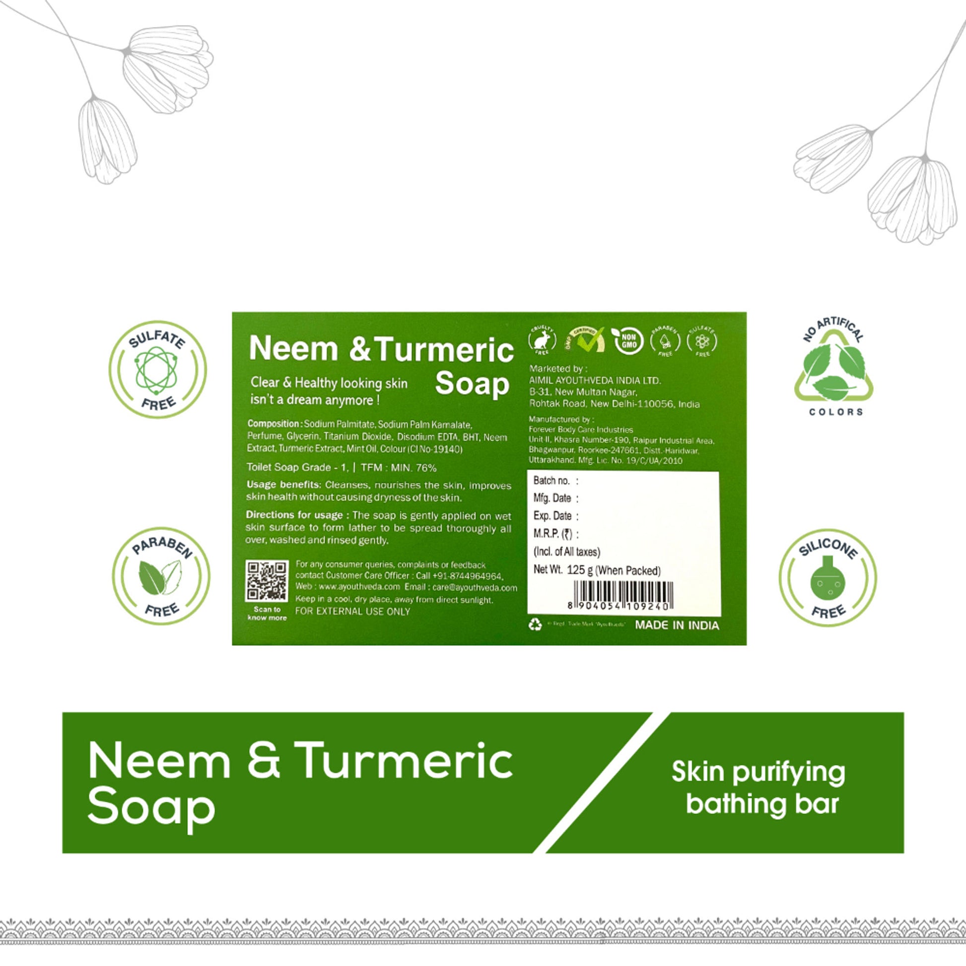 Ayouthveda Neem & Turmeric Herbal Antiseptic Soap to Deep Clean & Reduce Acne for Clear Skin