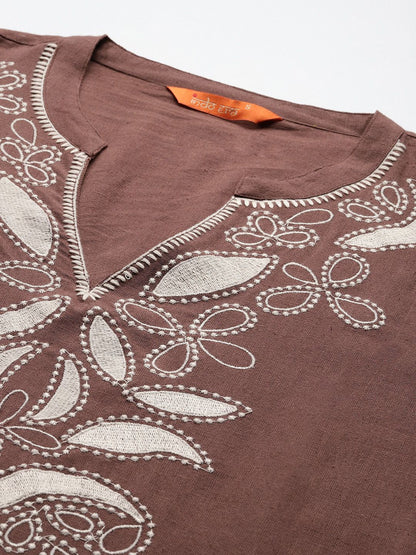Indyancart IE Floral Embroidered Pure Cotton Kurta with Trousers