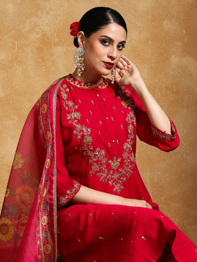 Indyancart VA Women'sFloral Embroidered Mandarin Collar A-Line Kurta With Trousers & Dupatta