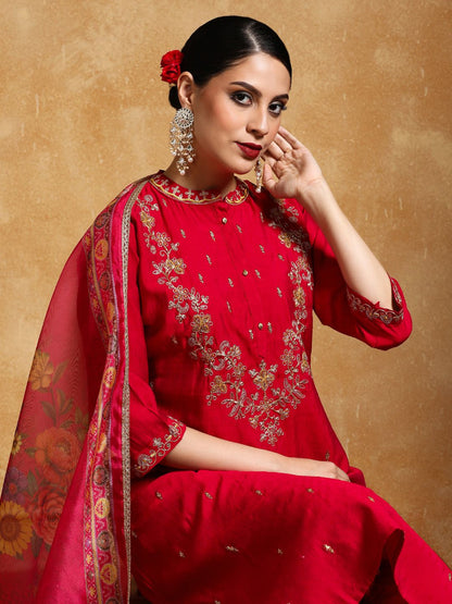 Indyancart VA Women'sFloral Embroidered Mandarin Collar A-Line Kurta With Trousers & Dupatta