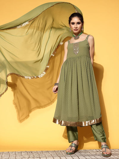 Indyancart VA Women's Textured Poly Georgette Spaghetti Straps Kurta Set