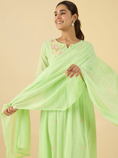 Indyancart IE Women Embroidered Pure Cotton A-Line Kurta with Trousers & With Dupatta