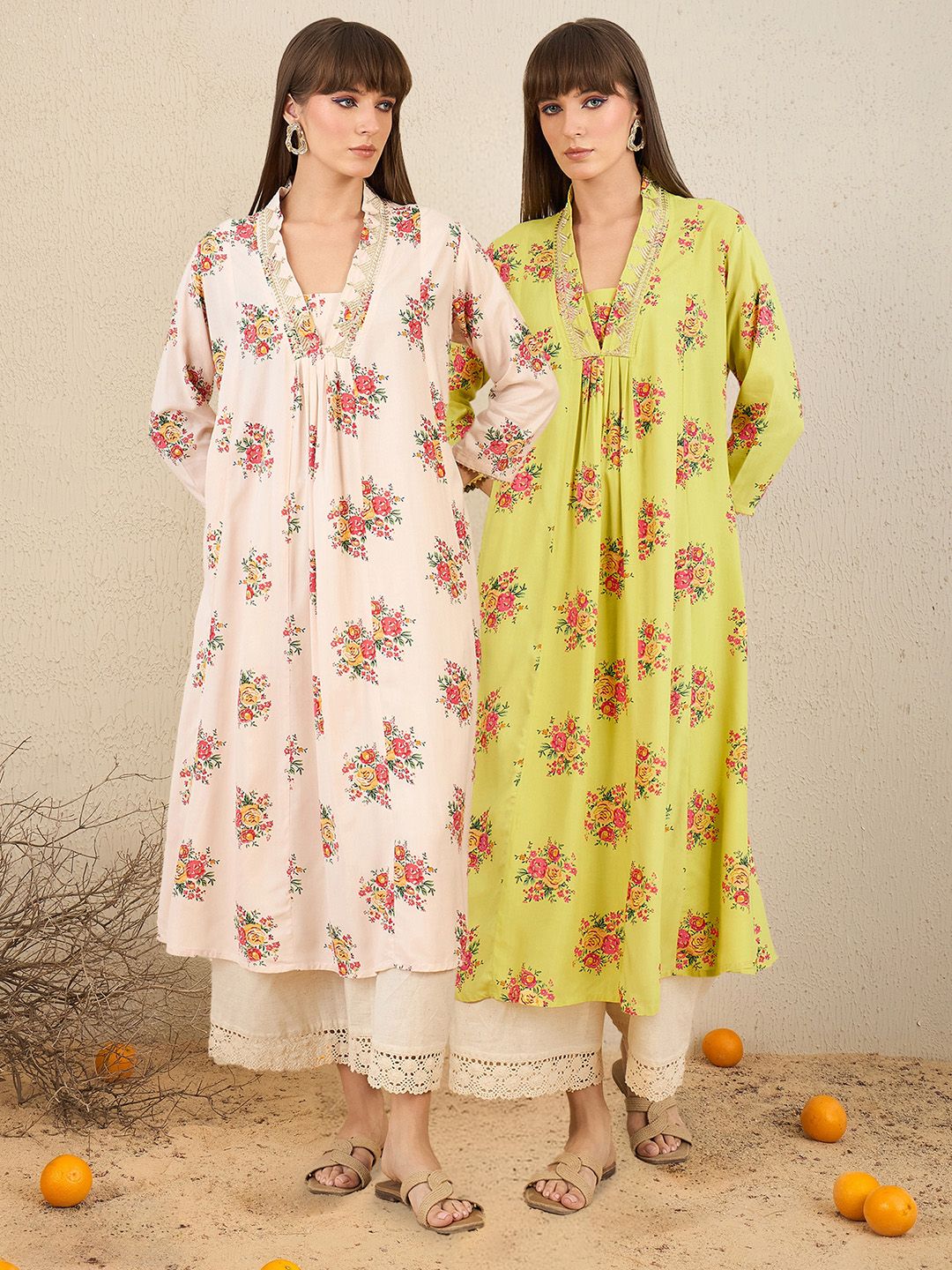 Indyancart IE Pack Of 2 Floral Embroidered V-Neck Zari Panelled A-Line Kurta