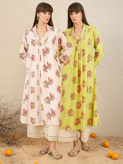 Indyancart IE Pack Of 2 Floral Embroidered V-Neck Zari Panelled A-Line Kurta