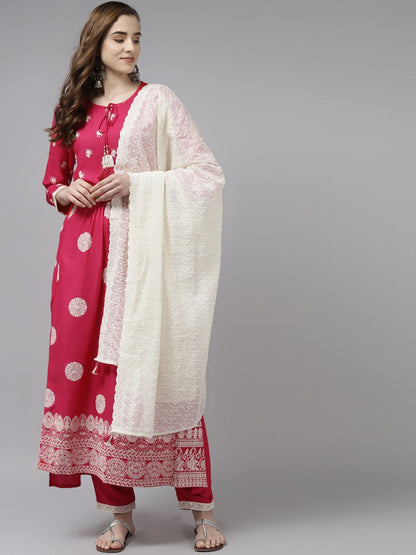 Indyancart IE Women Pink Paisley Embroidered Pleated Kurta with Trousers & Dupatta