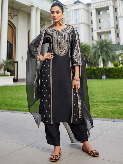 Dhiyona IE Women Ethnic Motifs Embroidered Panelled Kurta with Trousers & With Dupatta