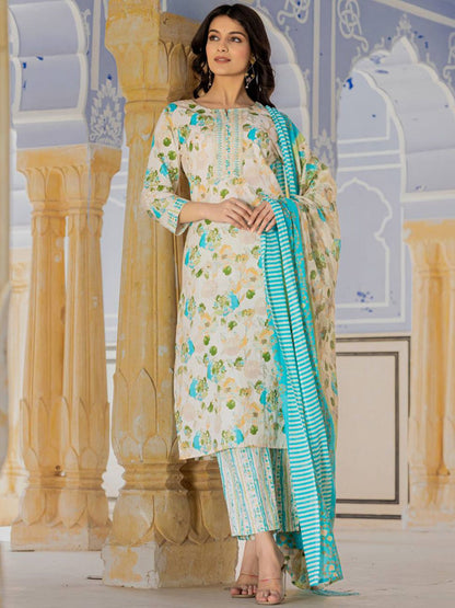 Indyancart VA Women'sFloral Printed Regular Beads and Stones Kurta with Trouser & Dupatta