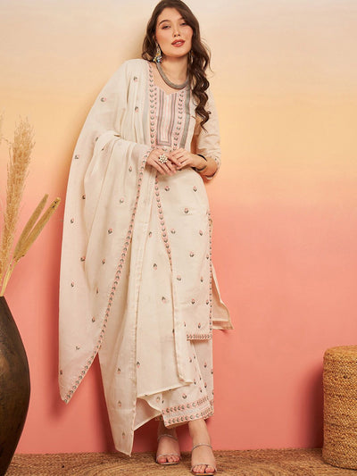 Indyancart SN Women's Embroidered Pure Cotton Regular Kurta & Trousers With Dupatta