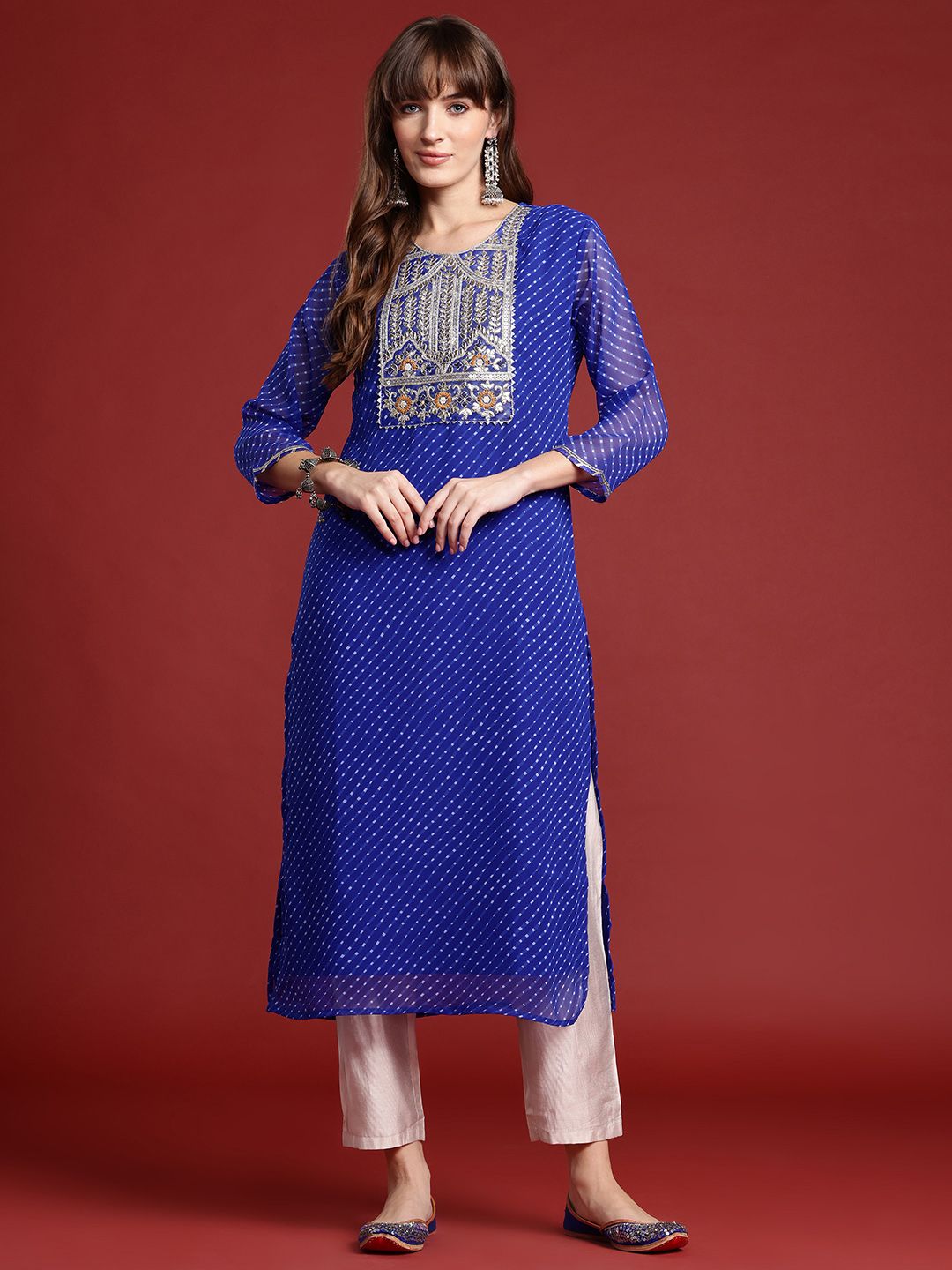 Indyancart IE Leheriya Embroidered Gotta Patti Georgette Kurta