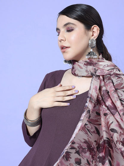 Indyancart VA Women's Panelled Silk Crepe Kurta with Trousers & With Dupatta