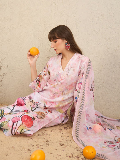 Indyancart IE Floral Printed V-Neck Chanderi Silk Straight Kurta With Trousers & Dupatta