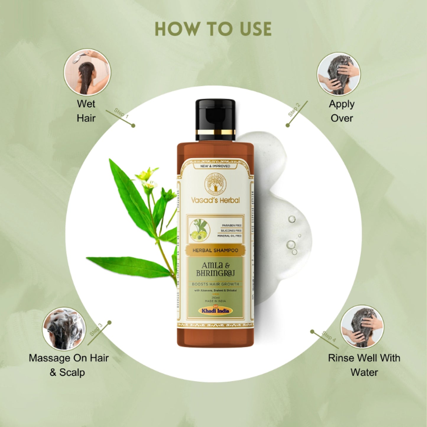 Vagad's Herbal Amla & Bhringraj Shampoo with Aloe vera, Brahmi, Shikakai - Boosts Hair Growth