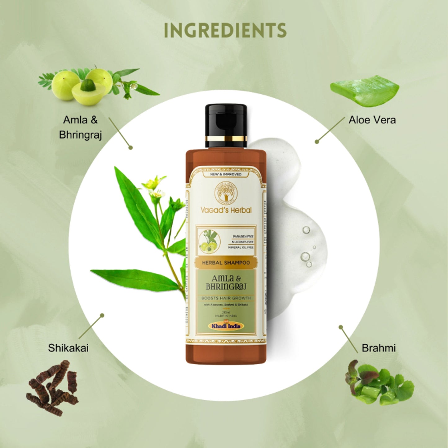 Vagad's Herbal Amla & Bhringraj Shampoo with Aloe vera, Brahmi, Shikakai - Boosts Hair Growth