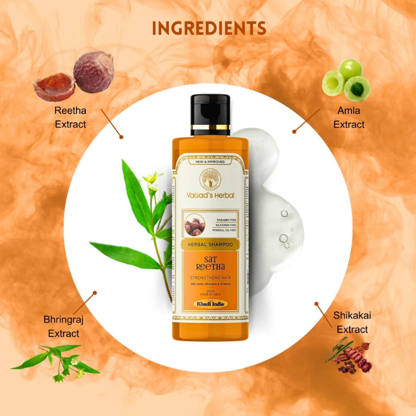Vagad's Herbal Sat Reetha Shampoo with Amla Bhringraj & Shikakai- Strengthens Hair