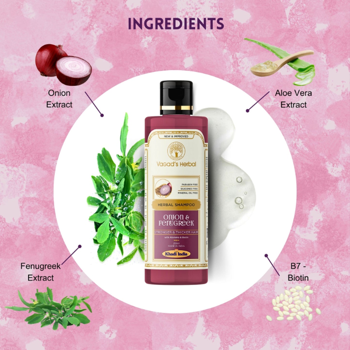 Vagad's Herbal Onion & Fenugreek Shampoo with Aloe vera & Biotin - Strong & Thicker Hair