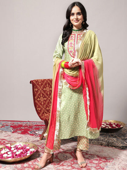 Indyancart VA Women's Green Leheriya Embroidered Mirror Work Kurta with Trousers & With Dupatta