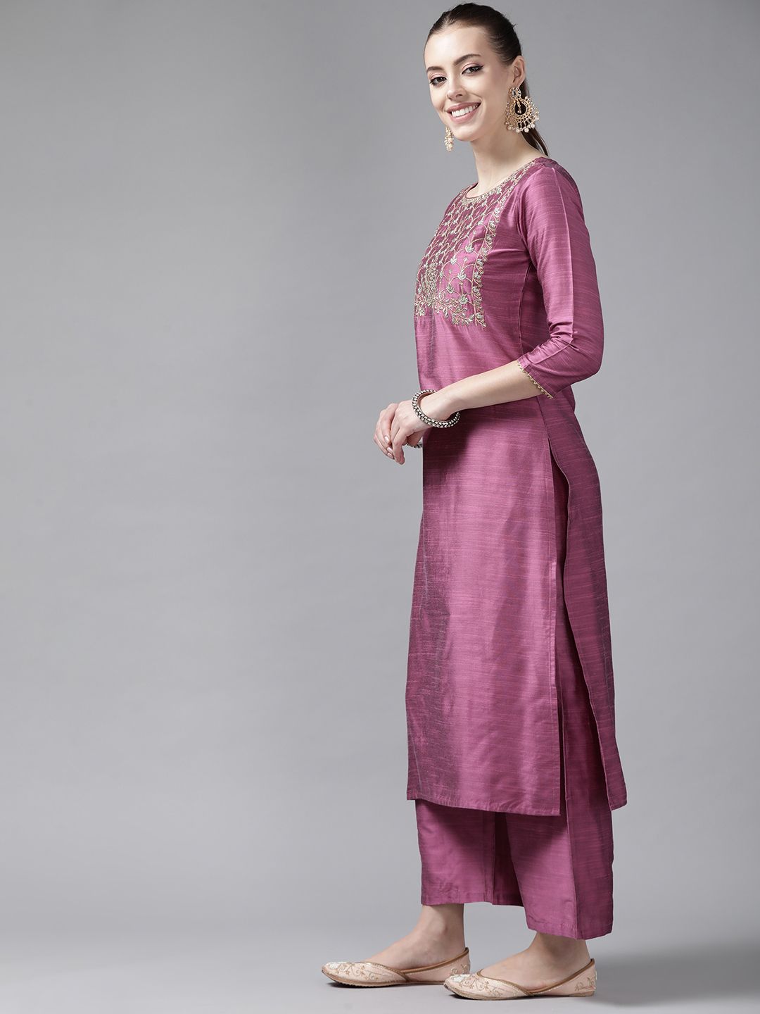 Dhiyona IE Women Pink & Golden Ethnic Motifs Yoke Design Kurta with Palazzos & With Dupatta