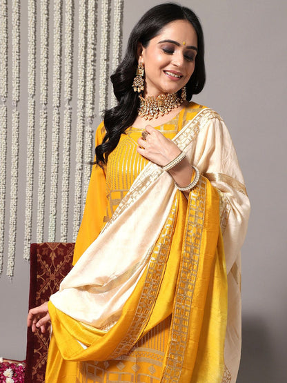 Indyancart VA Women'sEthnic Motifs Embroidered Sequinned Detail Straight Kurta & Sharara With Dupatta