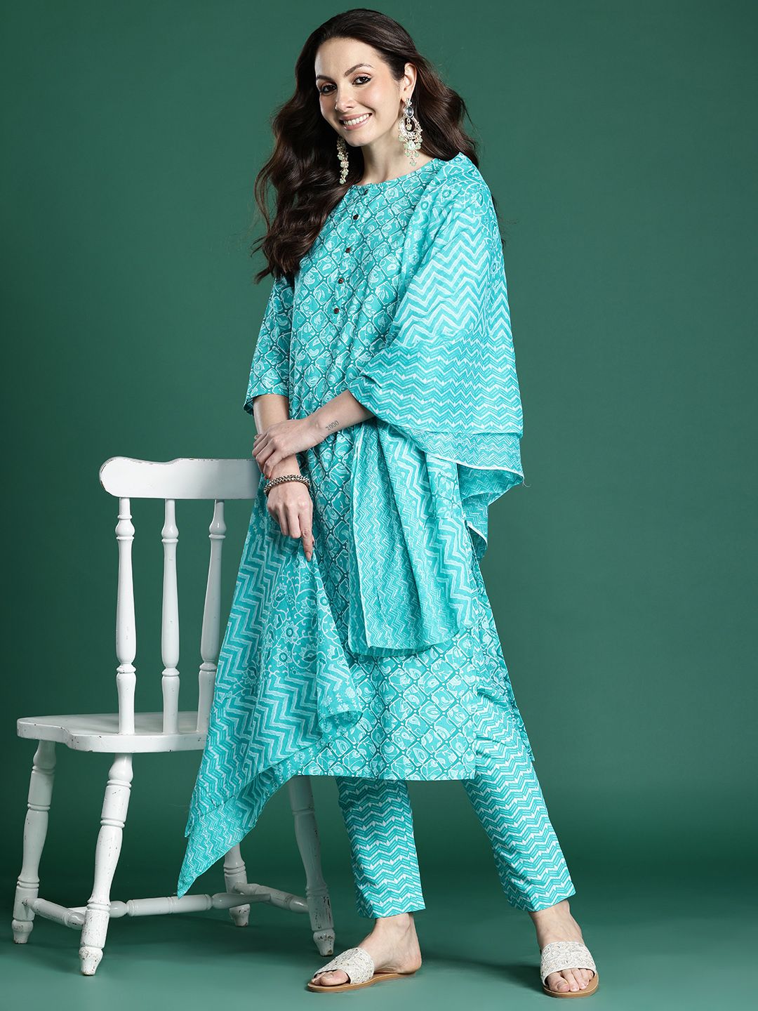 Geometric Printed Pure Cotton Kurta with Trousers & Dupatta