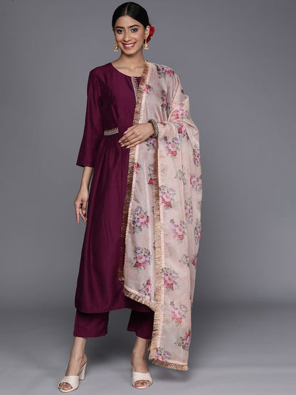 Indyancart VA Women'sEthnic Motifs Zari Embroidered Regular Kurta With Trousers & Dupatta