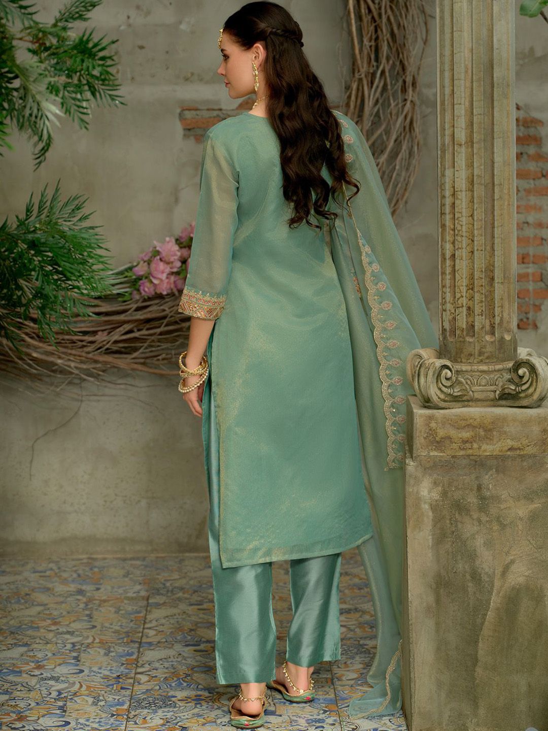 Indyancart IE Women's Ethnic Motifs Embroidered Kurta with Trousers & Dupatta