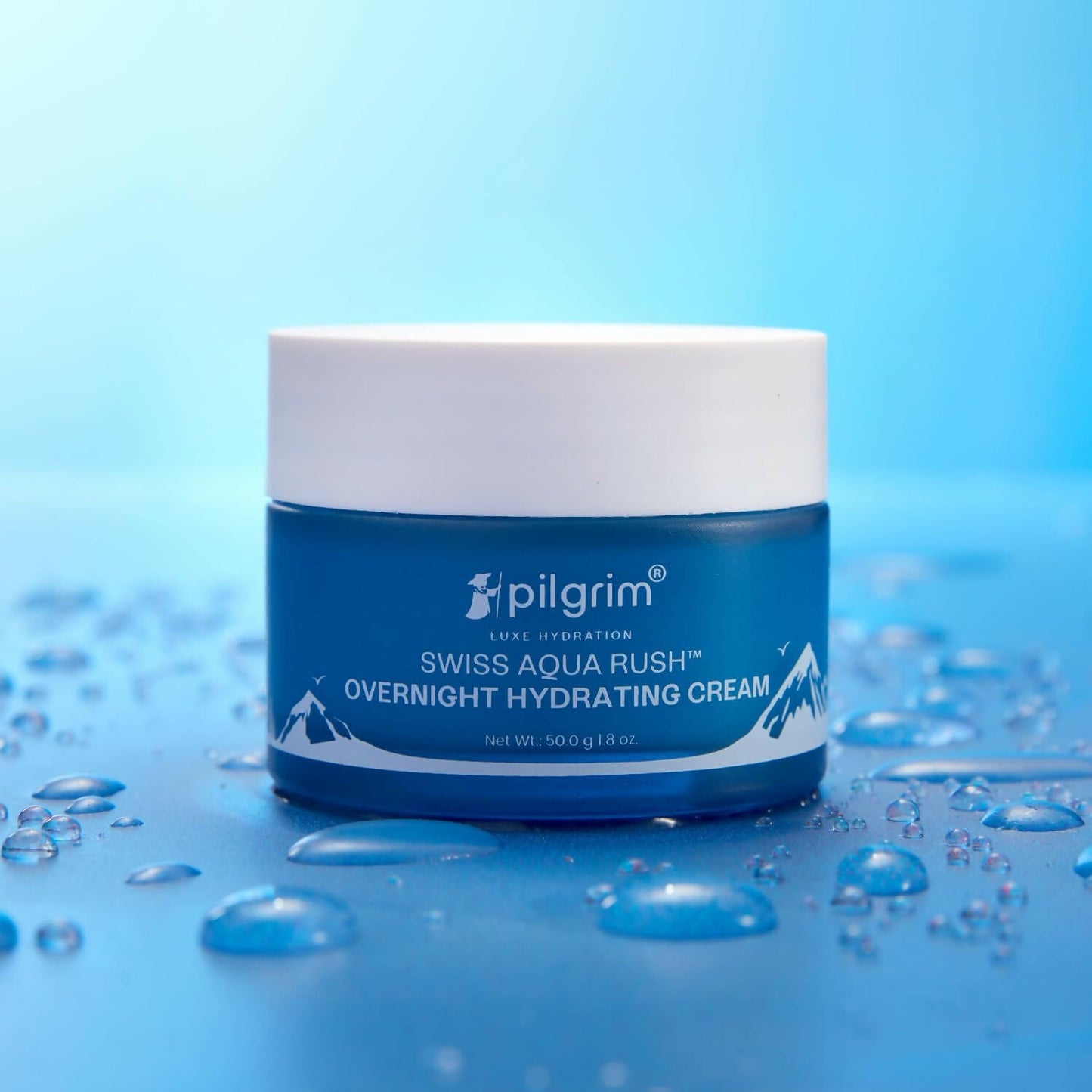 Pilgrim overnight hydrating face cream jar with a white lid and blue label, designed for intense skin hydration.