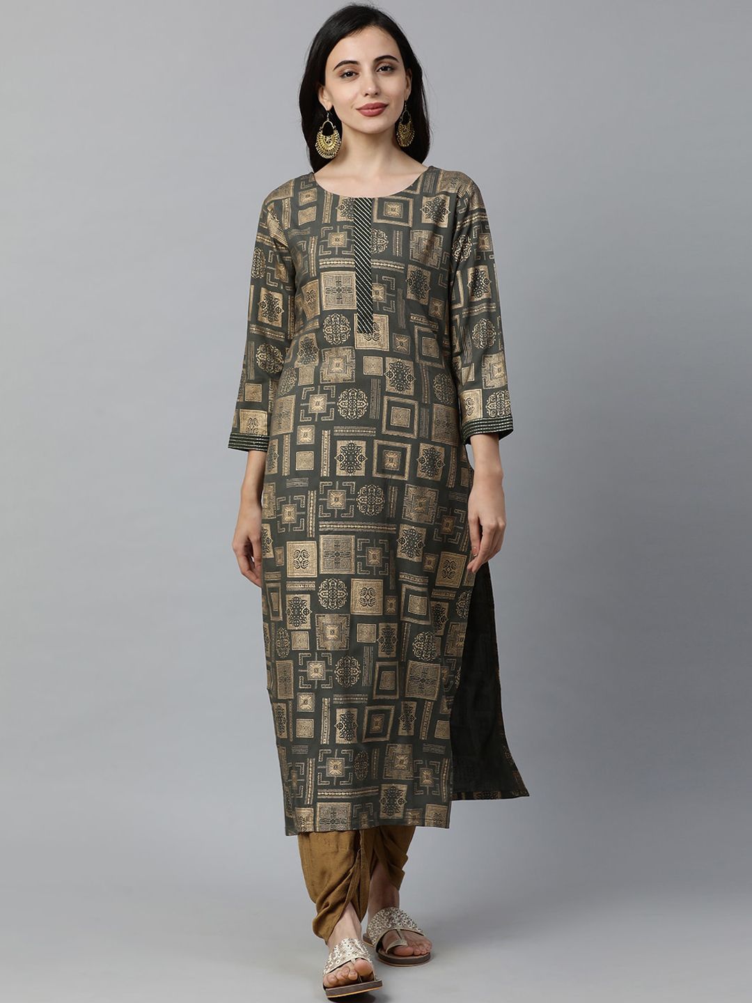 Dhiyona IE Women Green Printed Straight Kurta
