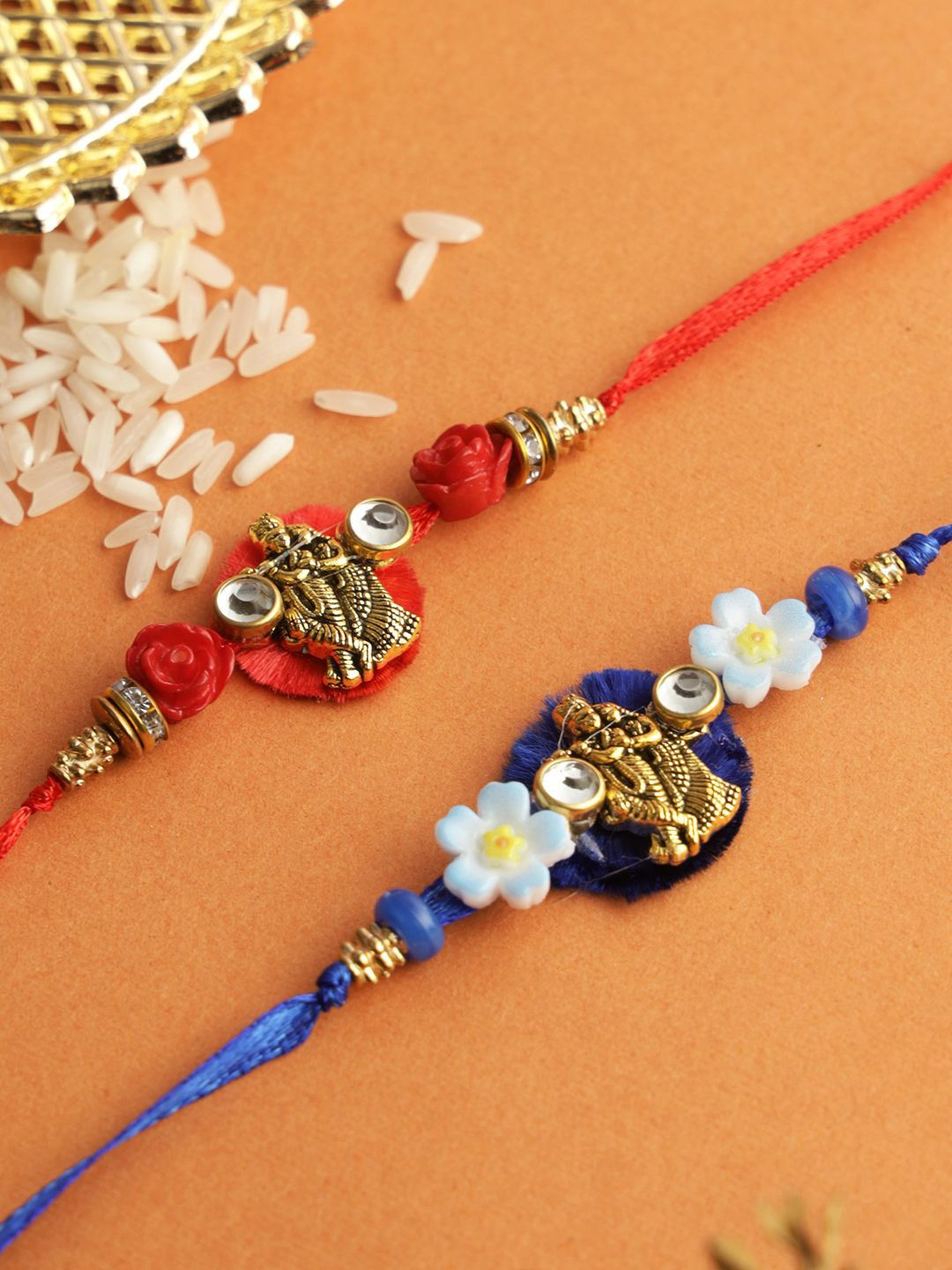 Anouk Set Of 2 Divine Radha Krishna Thread Rakhi With Roli Chawal & Greetings Card