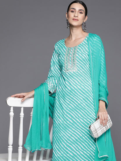 Indyancart VA Women's Leheriya Striped Regular Gotta Patti Cotton Kurta with Trousers & Dupatta