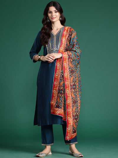 Indyancart IE Ethnic Motifs Embroidered Sequinned Liva Kurta With Trousers & Dupatta