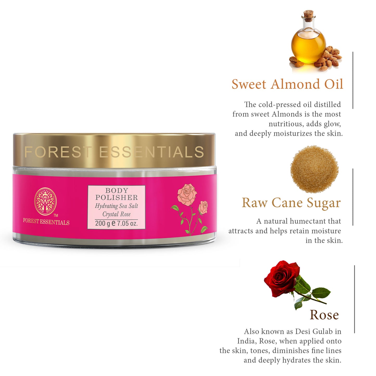 Forest Essentials Body Polisher Hydrating Sea Salt Crystal Rose - Body Scrub for Tan Removal