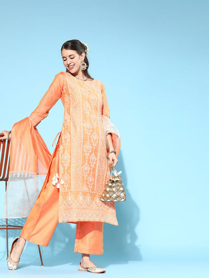 Indyancart IE Floral Chanderi Silk Kurta Set