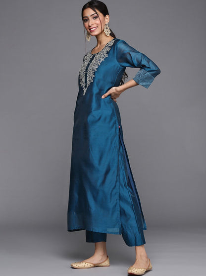 Indyancart VA Women'sYoke Design Zari Work Chanderi Silk Straight Kurta with Trouser & Dupatta