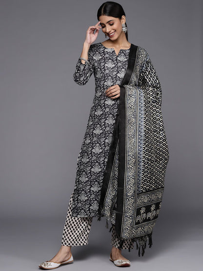Indyancart VA Women's Black Floral Printed Kurta with Trousers & Dupatta