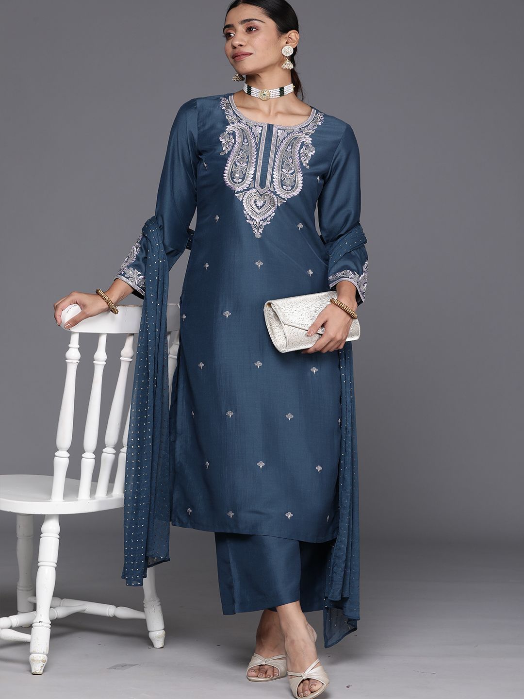 Indyancart VA Women'sEthnic Motifs Embroidered Regular Sequinned Kurta with Trousers & With Dupatta
