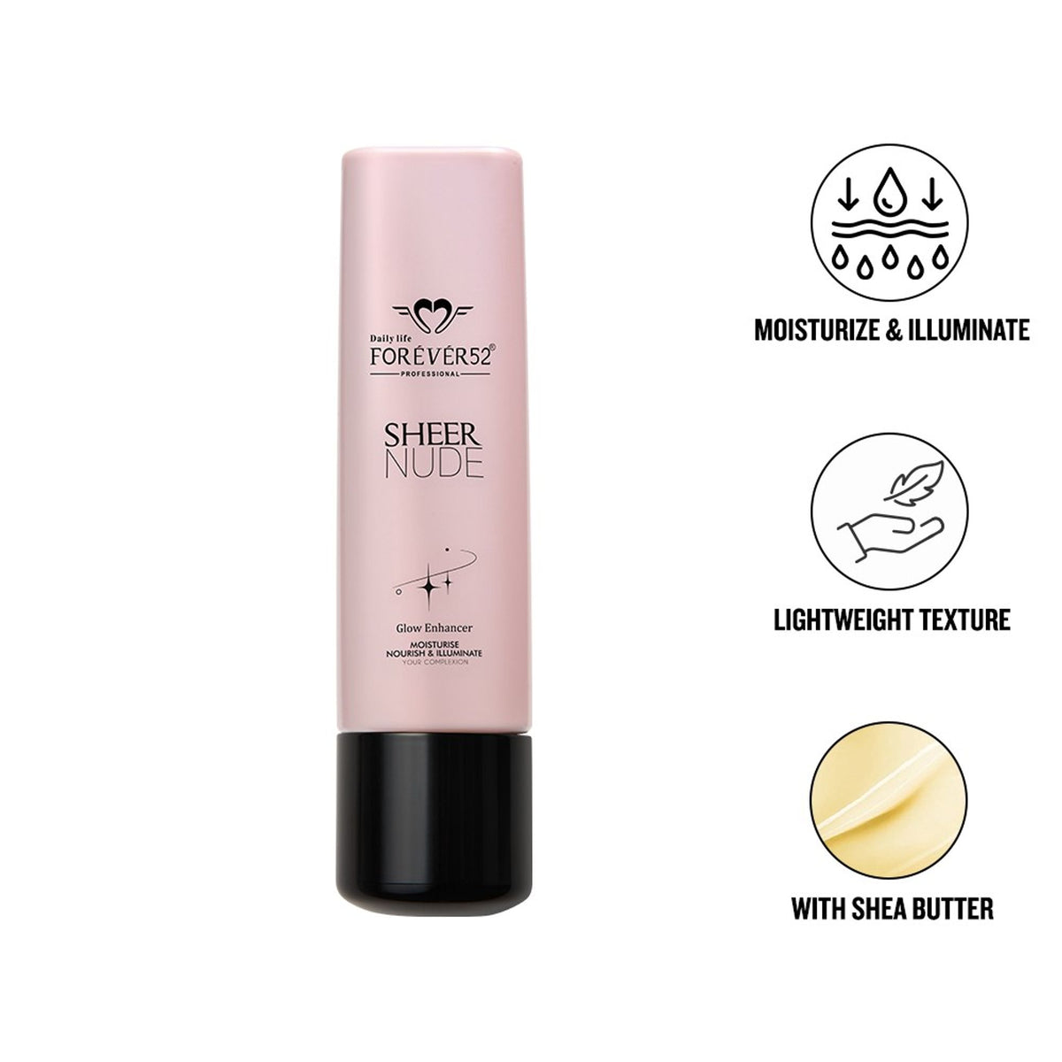 Daily Life Forever52 Sheer Nude Glow Enhancer bottle with a clear, minimalist design and a silver cap, showcasing a luminous finish.