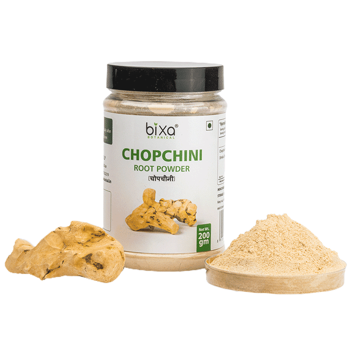 Bixa Botanical Chopchini Powder, Ayurvedic herbal powder in a glass jar, showcasing vibrant yellowish-orange powder for wellness.