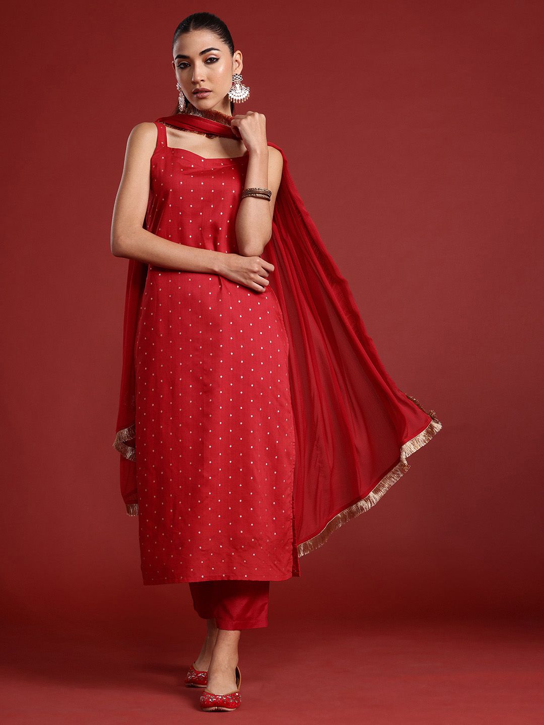 Indyancart IE Zari Chanderi Silk Kurta With Trousers & Dupatta