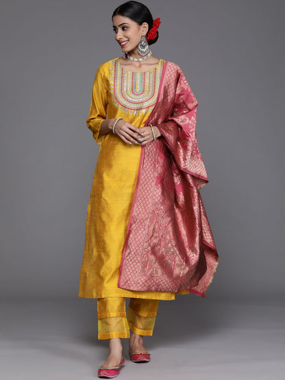 Indyancart VA Women's Mustard Yellow & Pink Yoke Design Kurta with Trousers & Dupatta