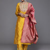 Indyancart VA Women's Mustard Yellow & Pink Yoke Design Kurta with Trousers & Dupatta