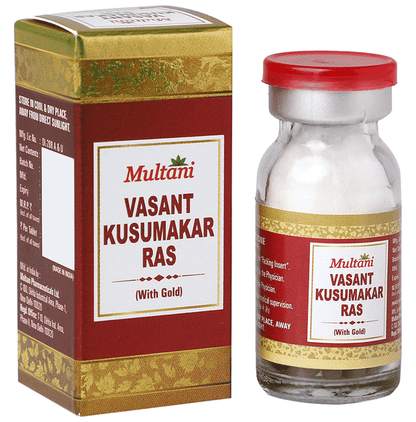Multani Vasant Kusumkar Ras Ayurvedic tablets with gold, traditional herbal supplement in a blister pack.