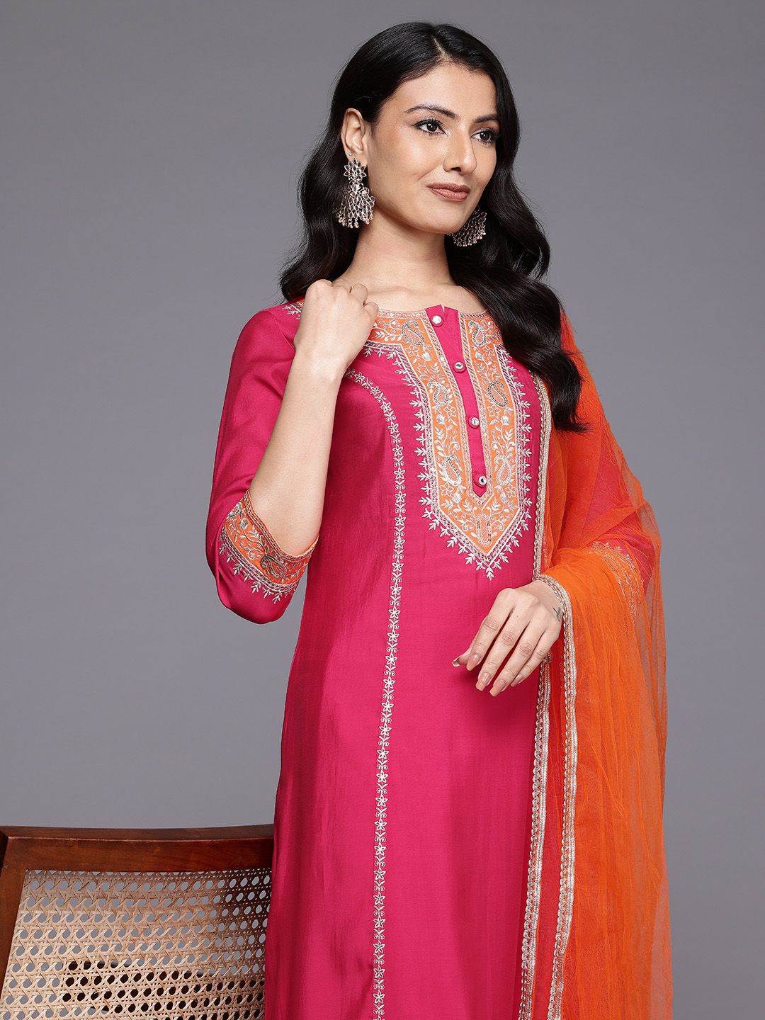 Indyancart VA Ethnic Motifs Embroidered Zari Panelled Kurta With Palazzos & Dupatta
