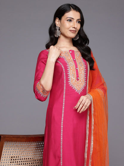 Indyancart VA Ethnic Motifs Embroidered Zari Panelled Kurta With Palazzos & Dupatta