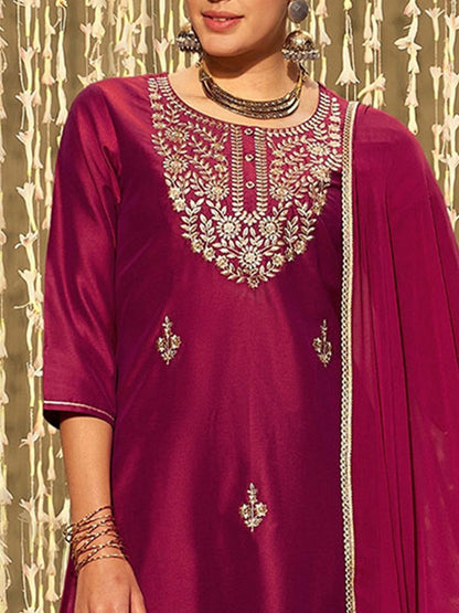 Indyancart IE Floral Embroidered Regular Kurta with Trousers & Dupatta