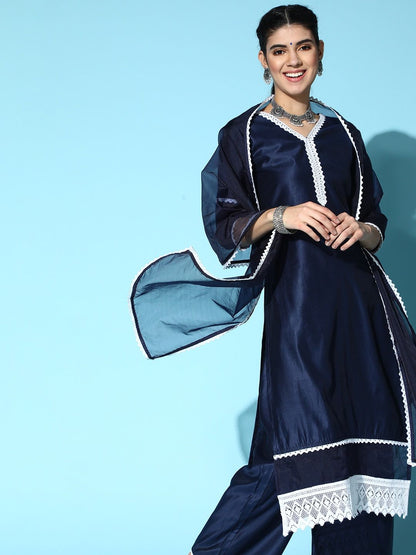 Indyancart IE Solid Poly-Georgette Lace Kurta Set