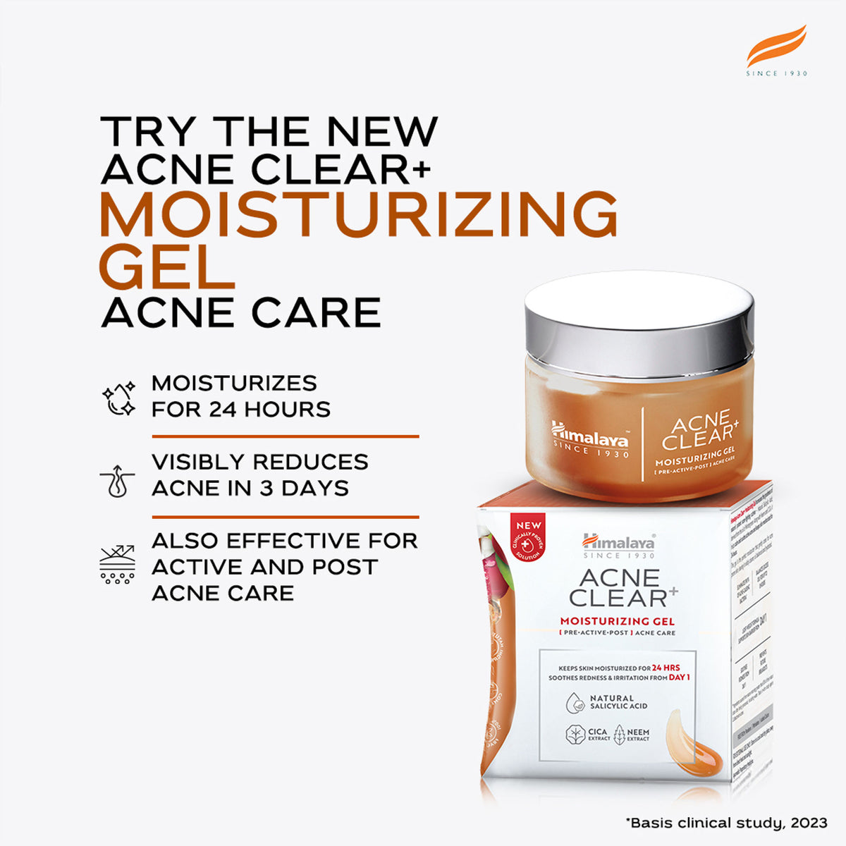 Himalaya Acne Clear+ Moisturizing Gel with natural salicylic acid for active acne and oily skin, shown in a tube container.