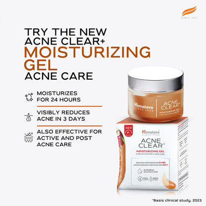 Himalaya Acne Clear+ Moisturizing Gel with natural salicylic acid for active acne and oily skin, shown in a tube container.